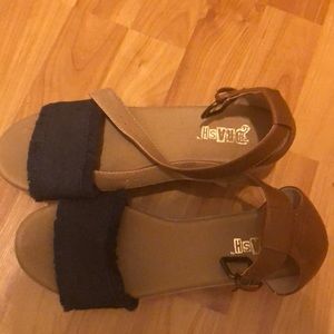 Brash denim top and brown ankle strap wedge sandal